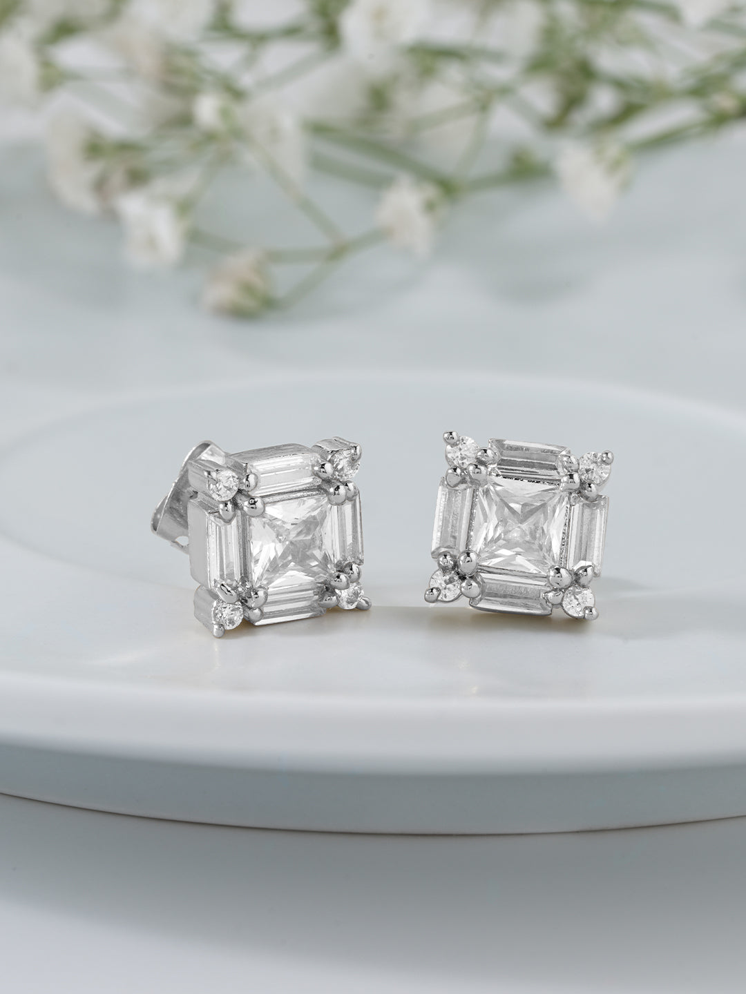 Womens White Gold Plated Princess Solitaire Stud