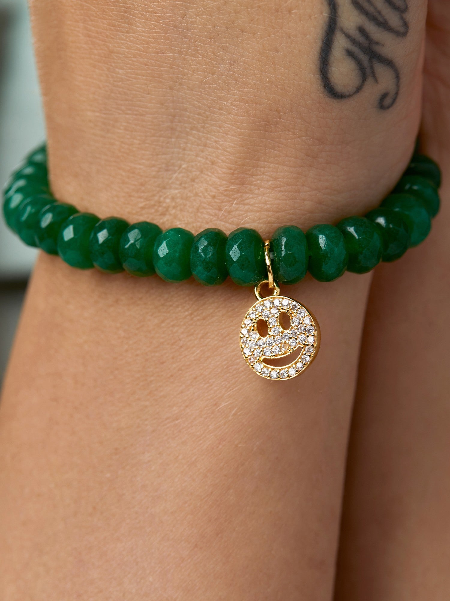 Women 18K Gold-Plated & Green Smiley Emoji Brass Onyx Elasticated Bracelet