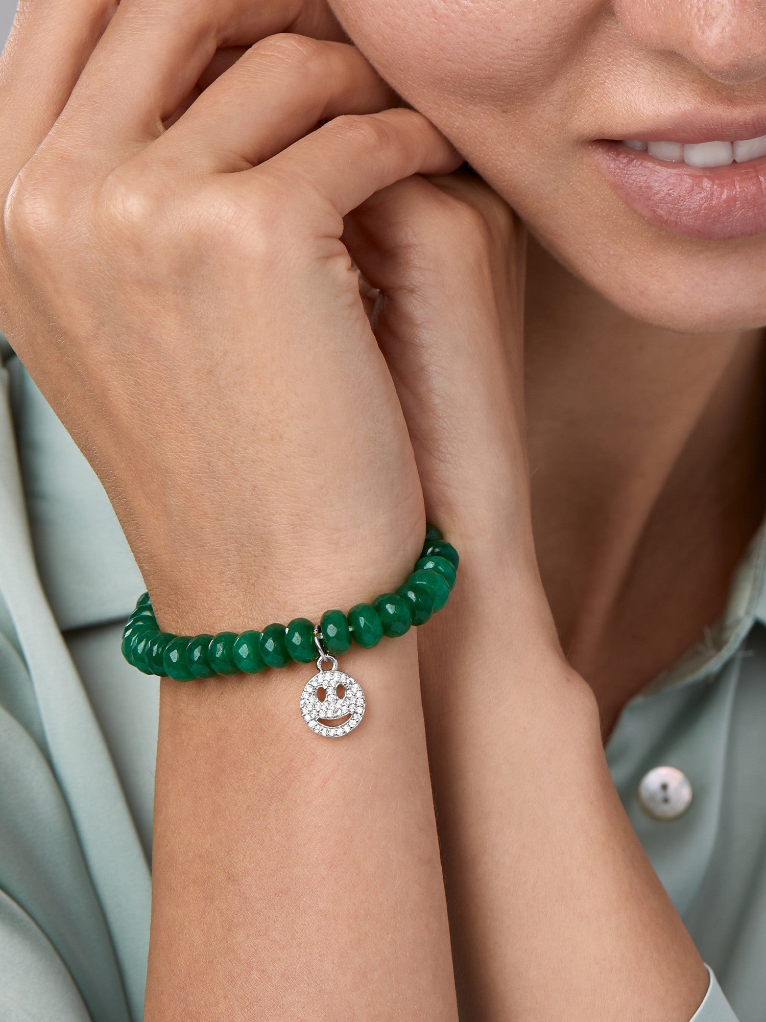 Women 18K Gold-Plated & Green Smiley Emoji Brass Onyx Elasticated Bracelet