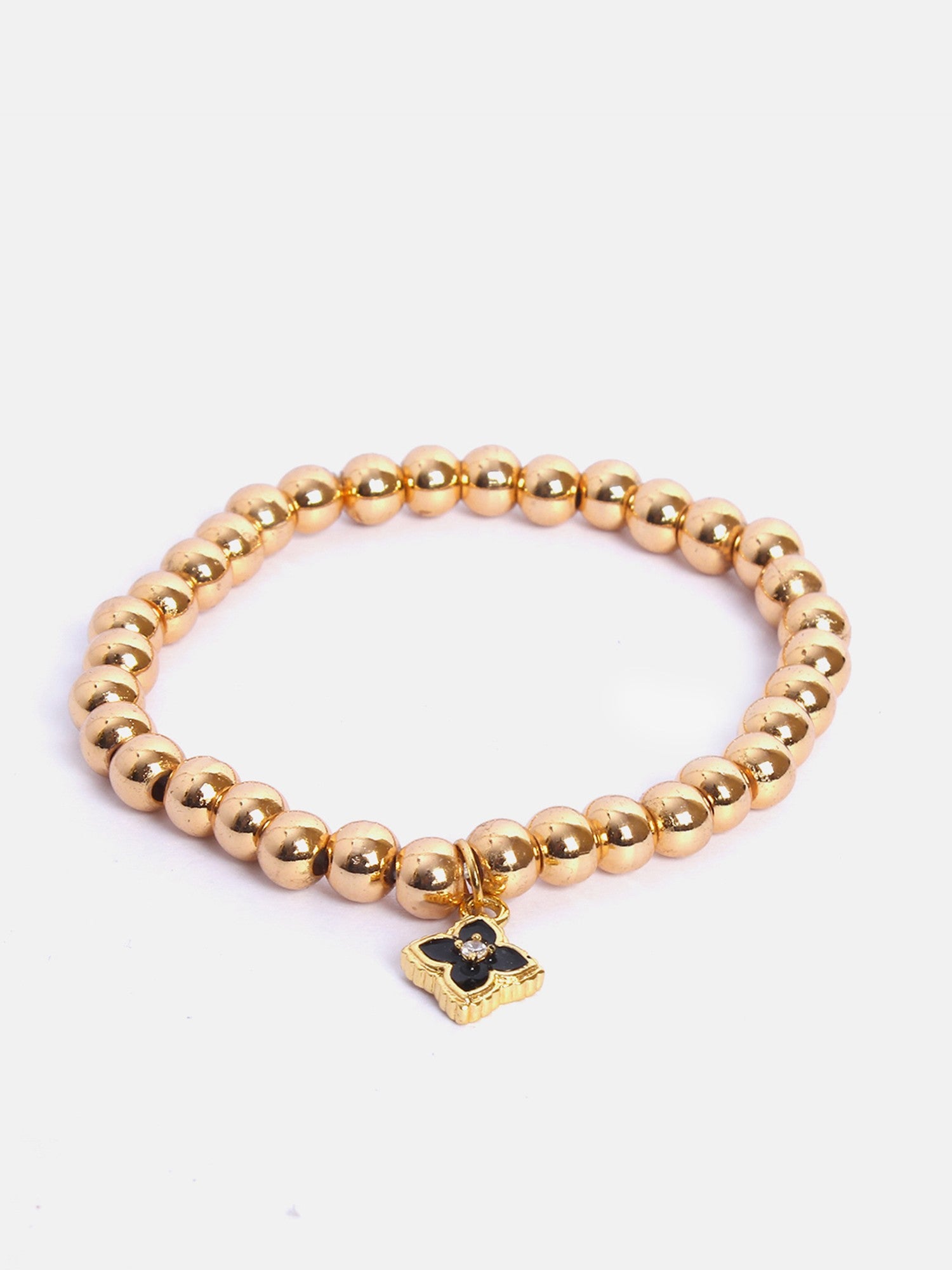 Women 18K Gold-Plated Green Moroccan Flower Charm Onyx Elasticated Bracelet