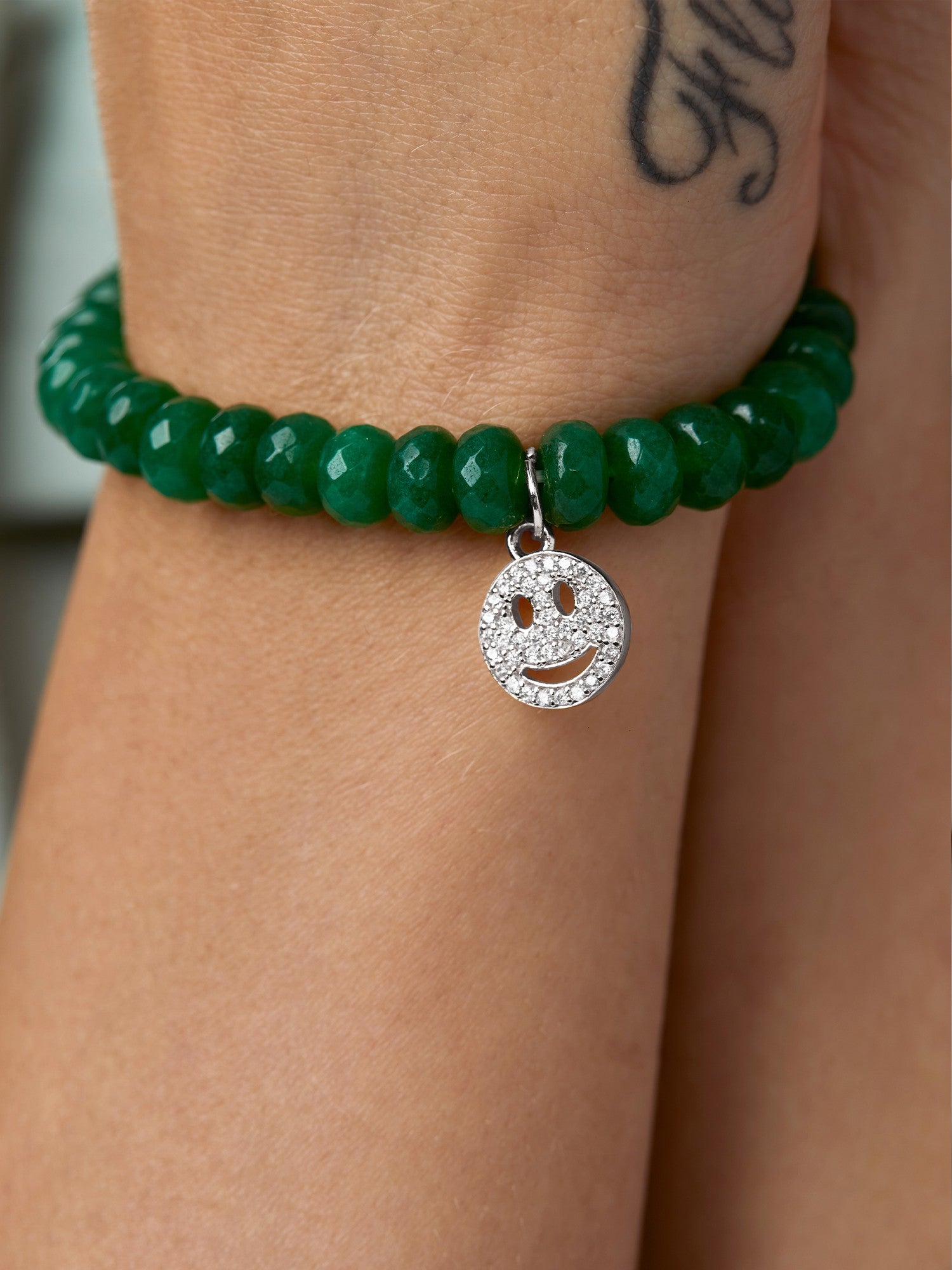 Women 18K Gold-Plated & Green Smiley Emoji Brass Onyx Elasticated Bracelet