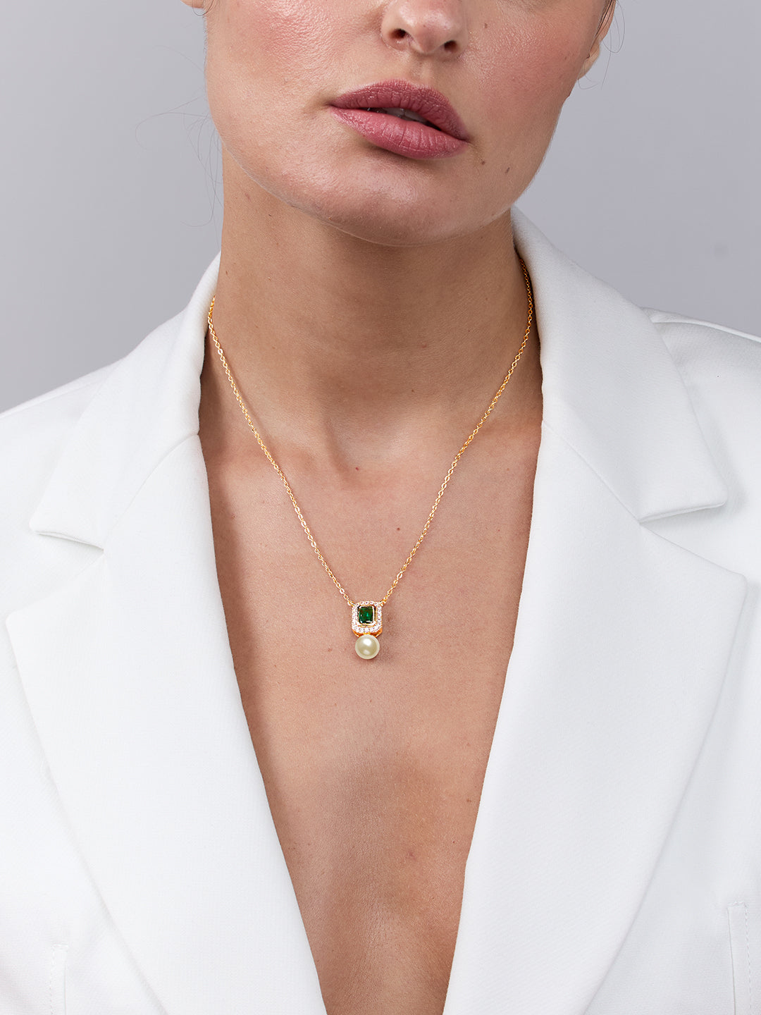 MINUTIAE Gold-Plated Artificial Stones Studded and Pearls Pendant With Chain