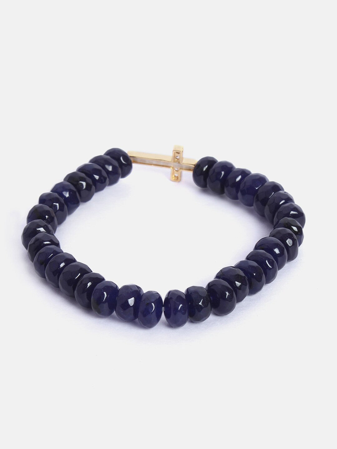 Women 18K Gold-Toned & Black Brass Onyx Handcrafted Gold-Plated Elasticated Bracelet