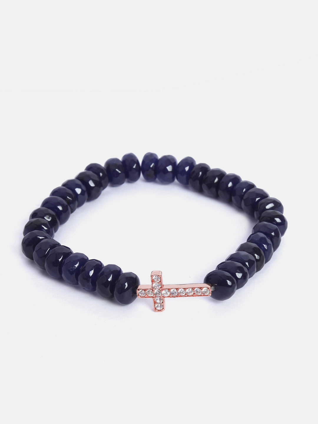 Women 18K Gold-Toned & Black Brass Onyx Handcrafted Gold-Plated Elasticated Bracelet