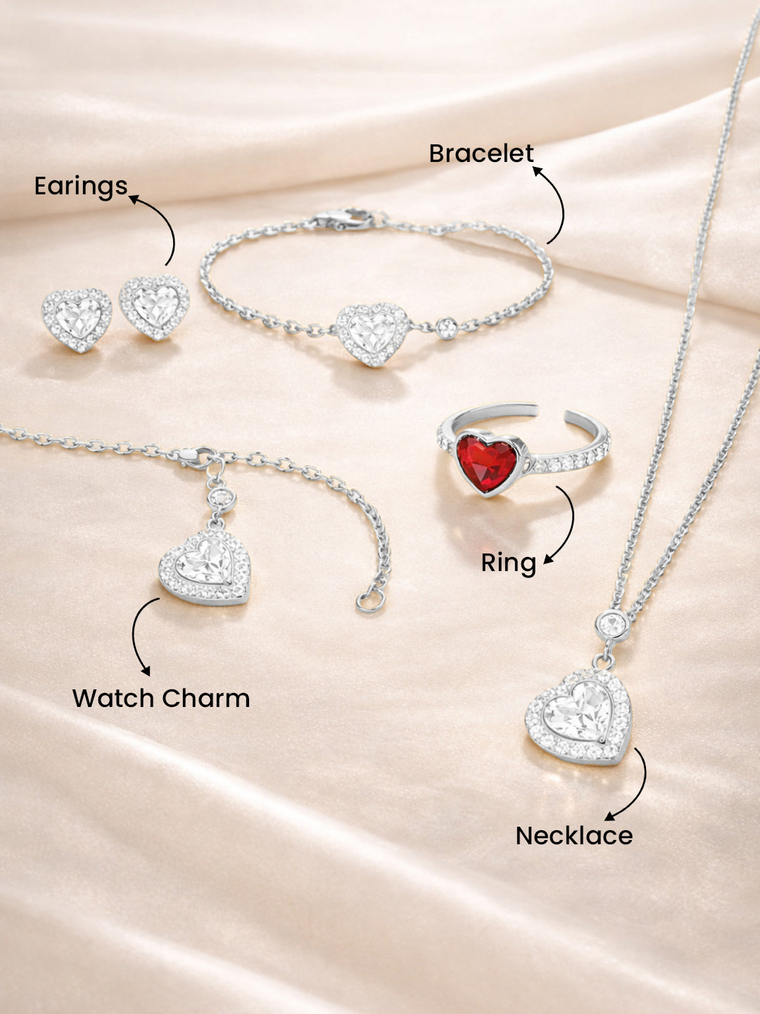 MINUTIAE Heart of Elegance Combo | Necklace, Earrings, Ring. Charm & Bracelet Set