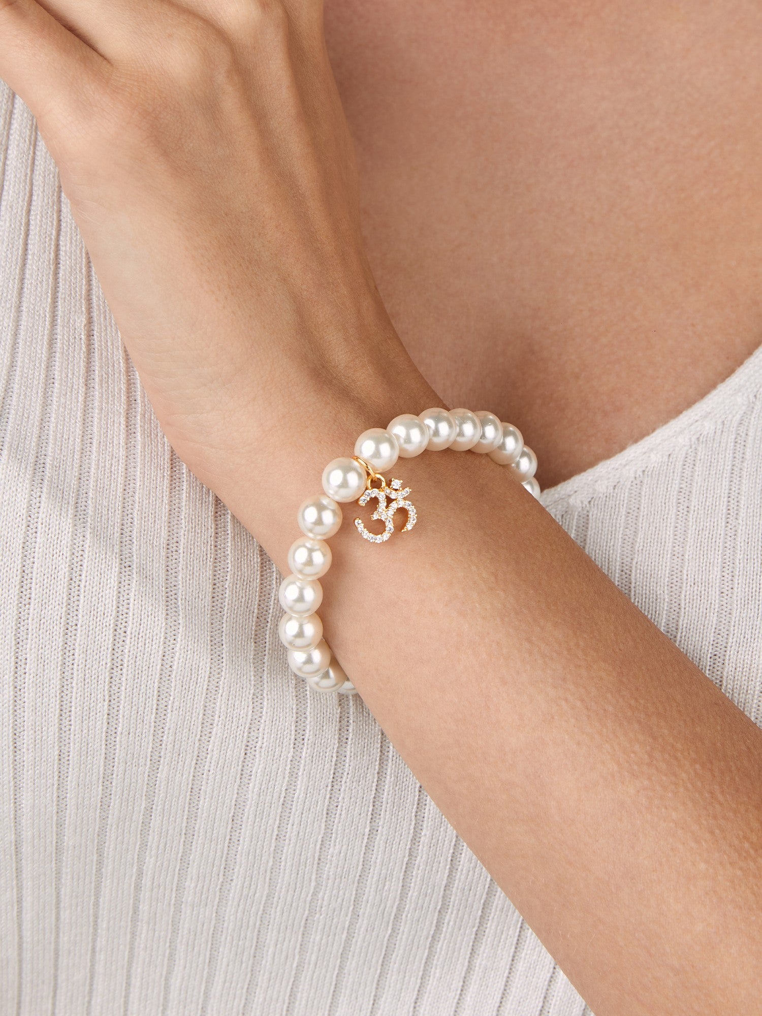 Women 18K Gold-Plated & White Brass Onyx Om Charm Bracelet