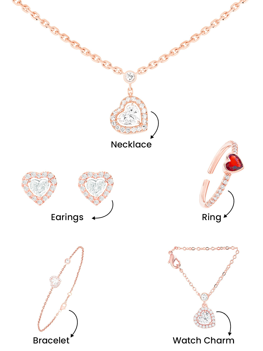 MINUTIAE Heart of Elegance Combo | Necklace, Earrings, Ring. Charm & Bracelet Set
