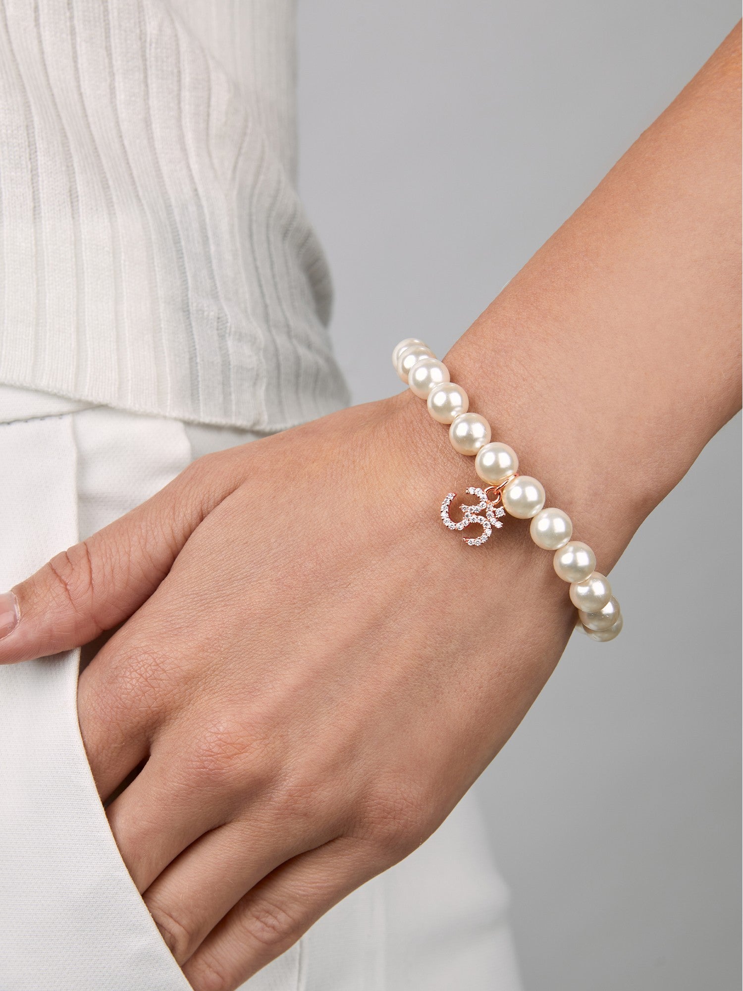 Women 18K Gold-Plated & White Brass Onyx Om Charm Bracelet