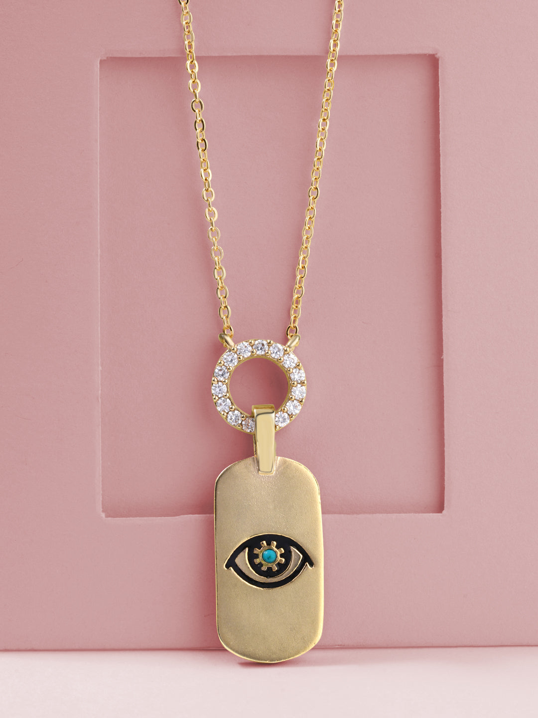 Womens White Gold Plated Evil Eye Motif Tag Pendant Necklace.