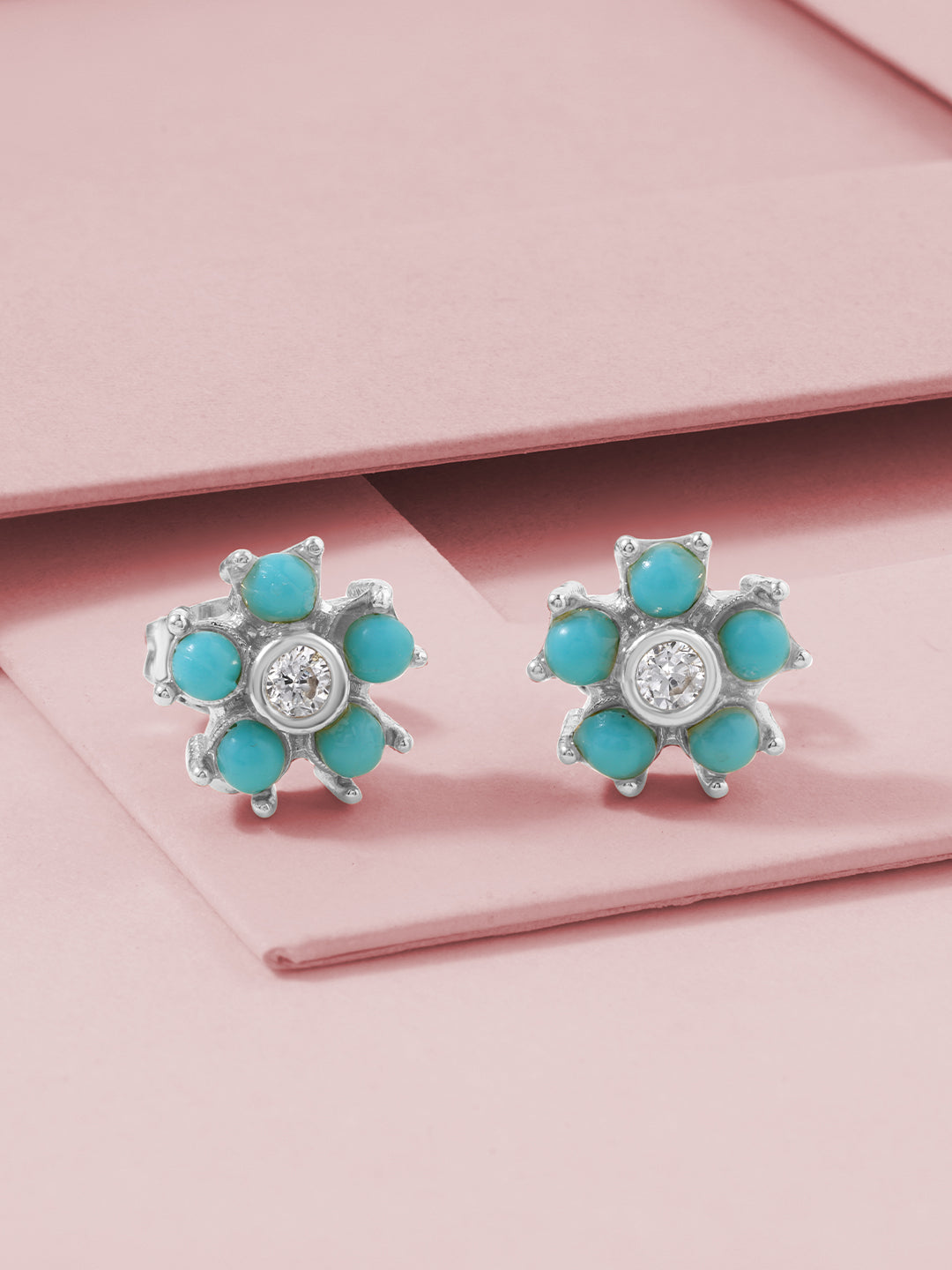 Womens White Gold Plated Turquoise Beads Floral Stud