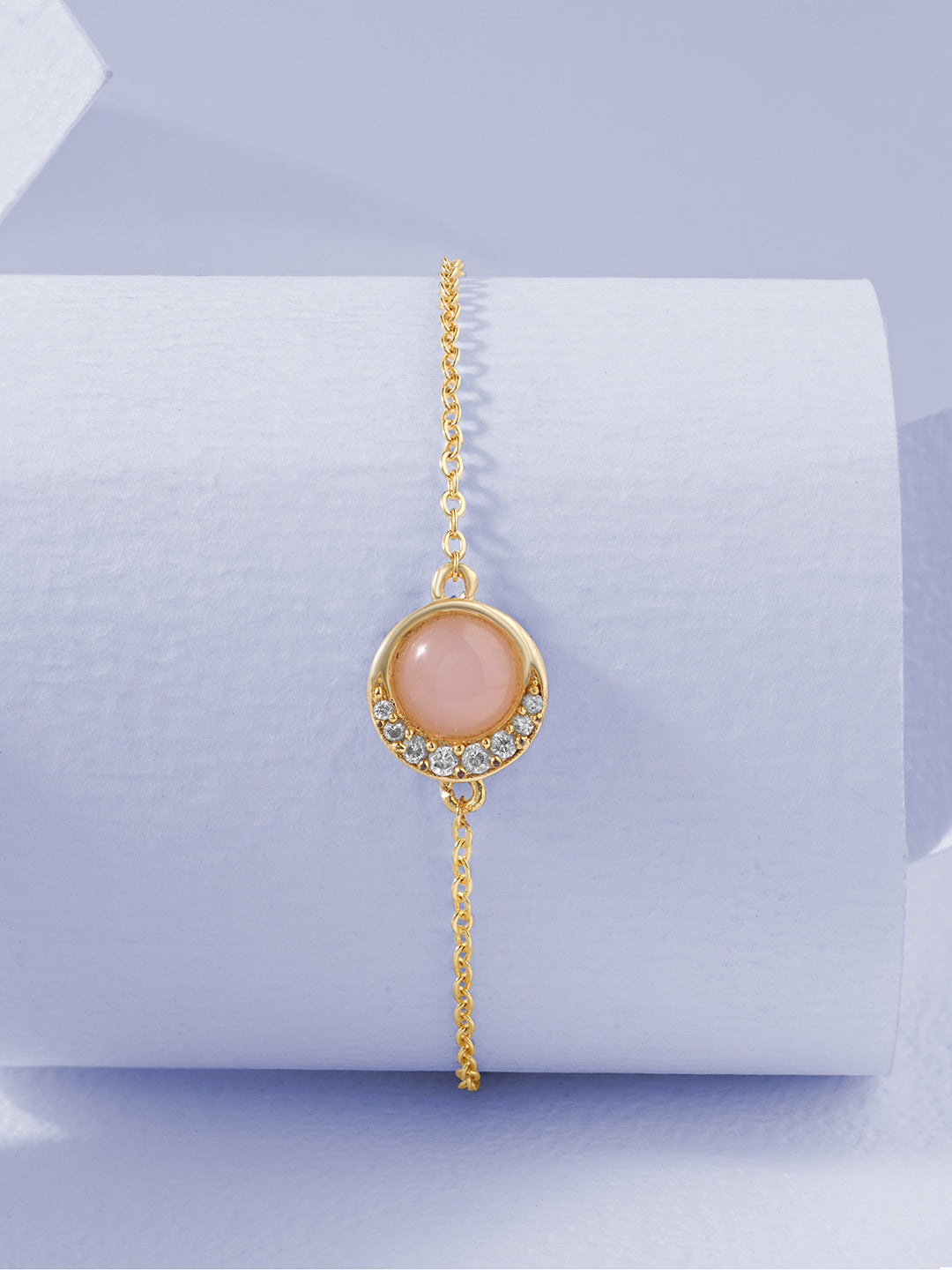 Womens White Gold Plated Pink Stone Moon Link Bracelet