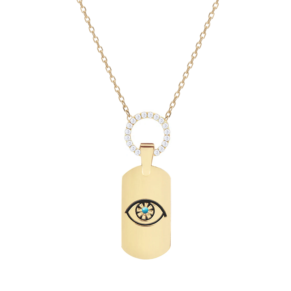 Womens White Gold Plated Evil Eye Motif Tag Pendant Necklace.