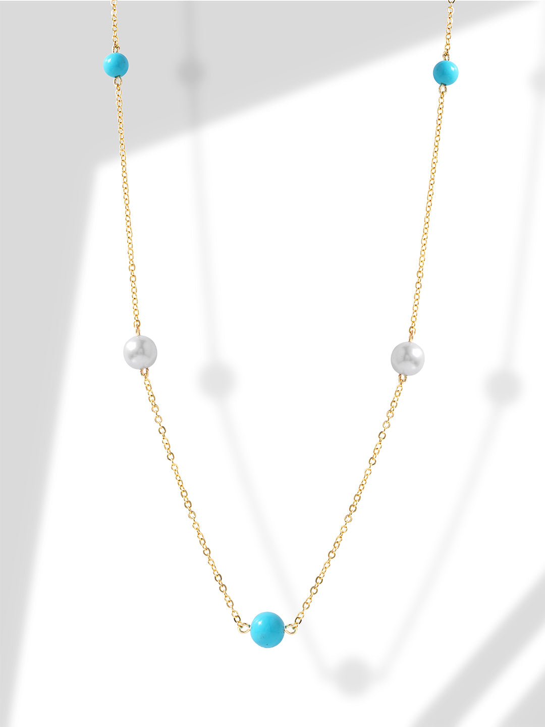 Womens White Gold Plated Pearl Turquoise Bead Chain Necklace.