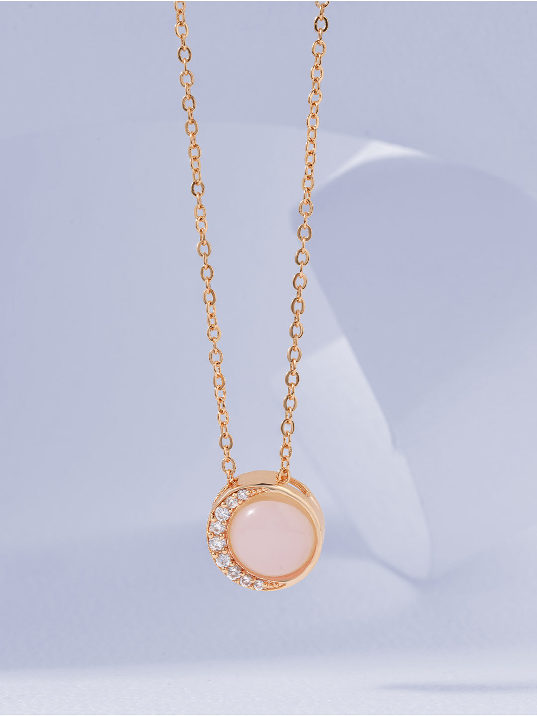 Womens White Gold Plated Pink Stone Moon Link Pendant Necklace