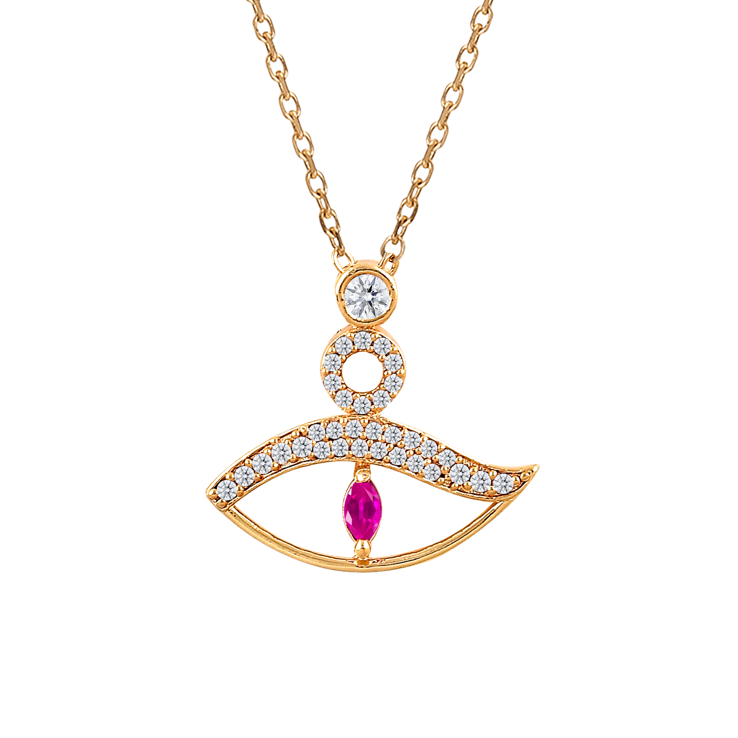 Womens White Gold Plated Red Marquis Evil Eye Pendant Necklace