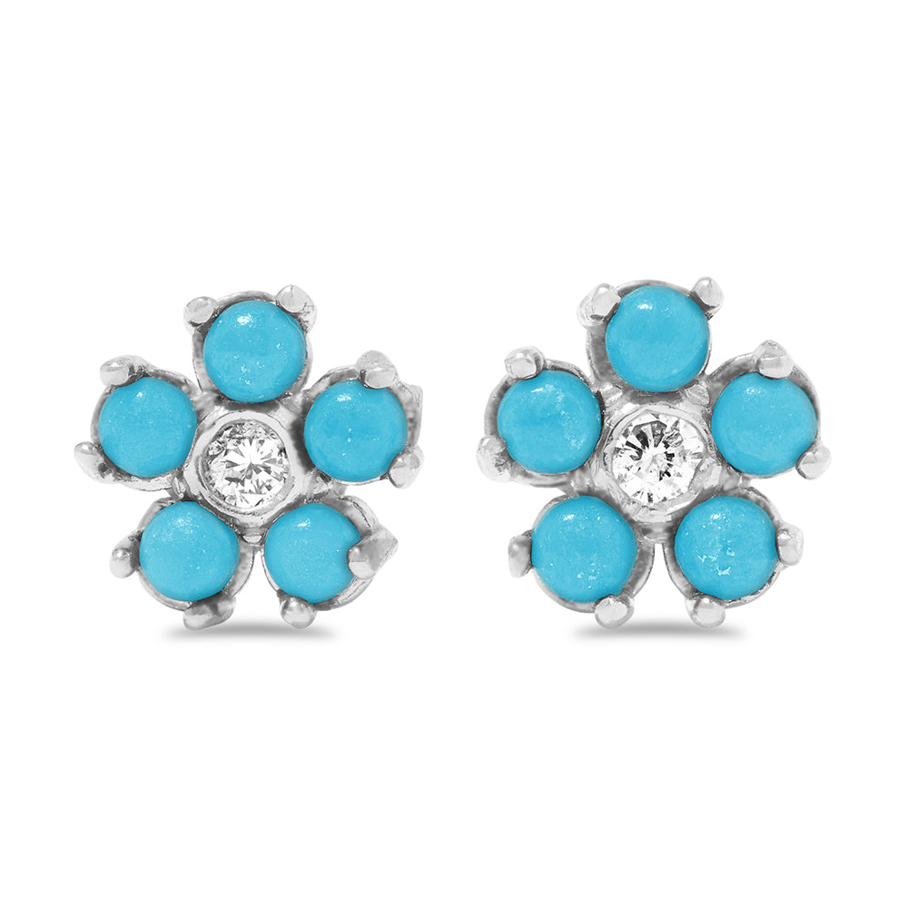 Womens White Gold Plated Turquoise Beads Floral Stud