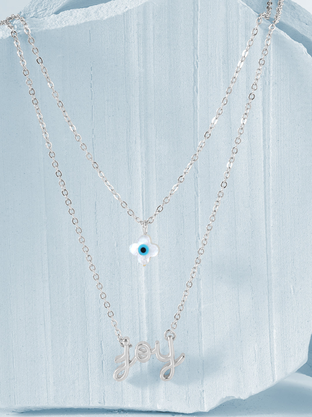 Womens White Gold Plated Joy Charm Layered Pendant Necklace