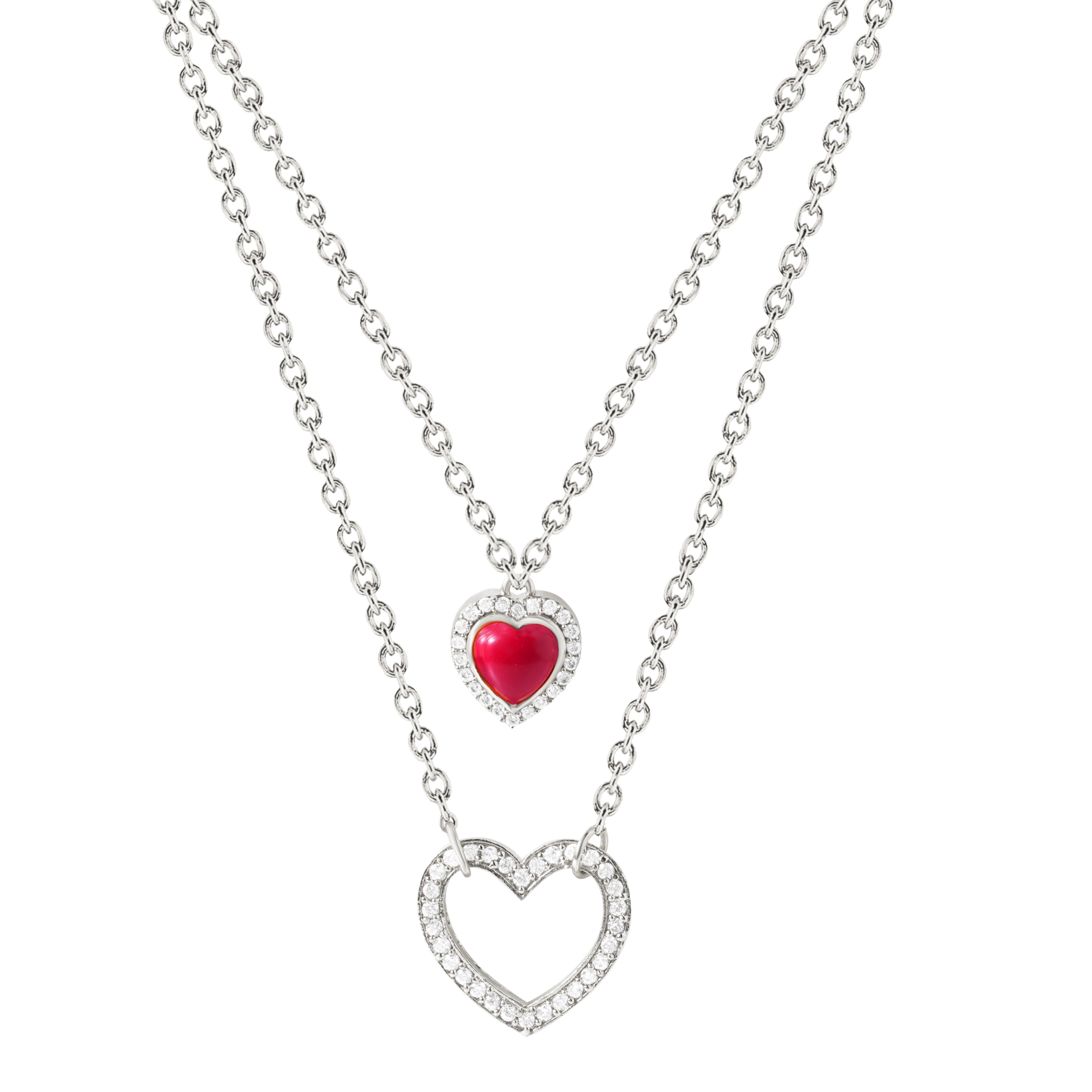 Womens White Gold Plated Red Stone Layered Pendant Necklace
