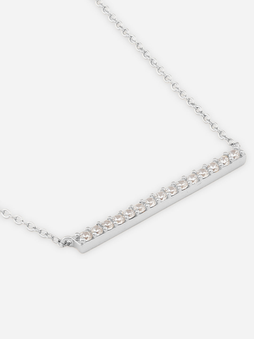 Womens White Gold Plated Crystal Studded Bar Necklace