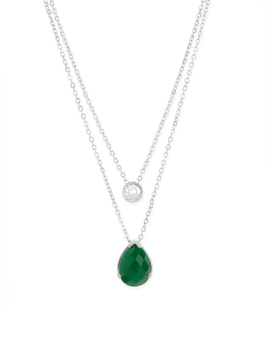 Green Stone And Solitaire Layered Necklace