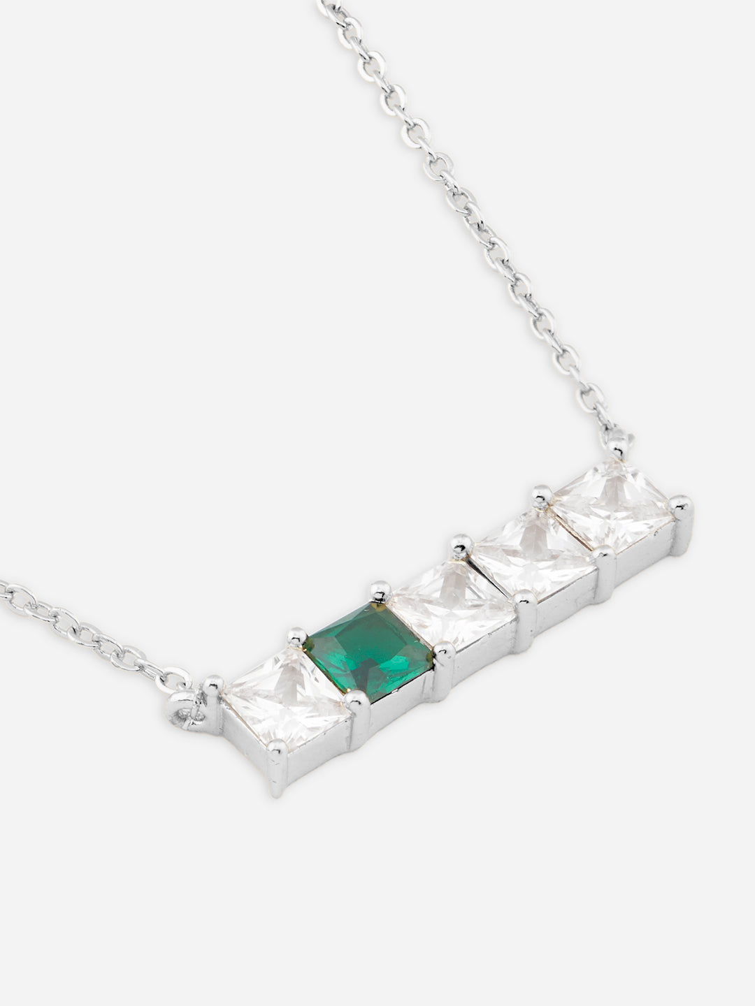 Womens White Gold Plated Square Crystal Bar Pendant Necklace