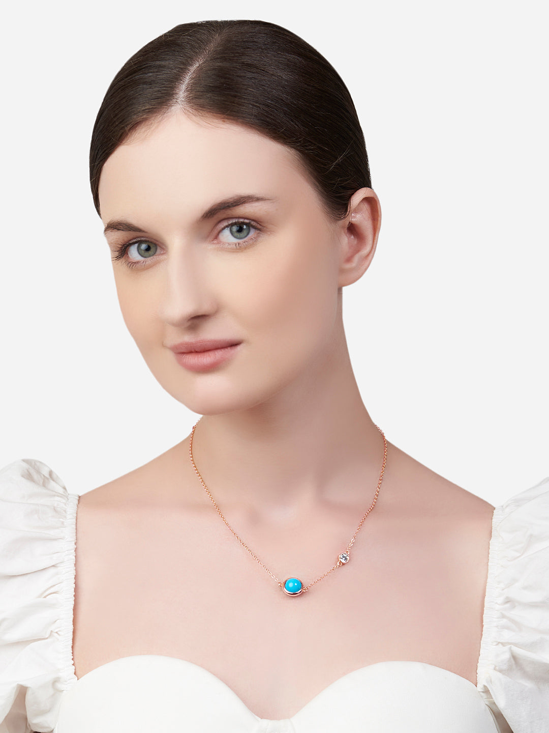 Womens White Gold Plated Rotating Turquoise Bead Chain Pendant Necklace