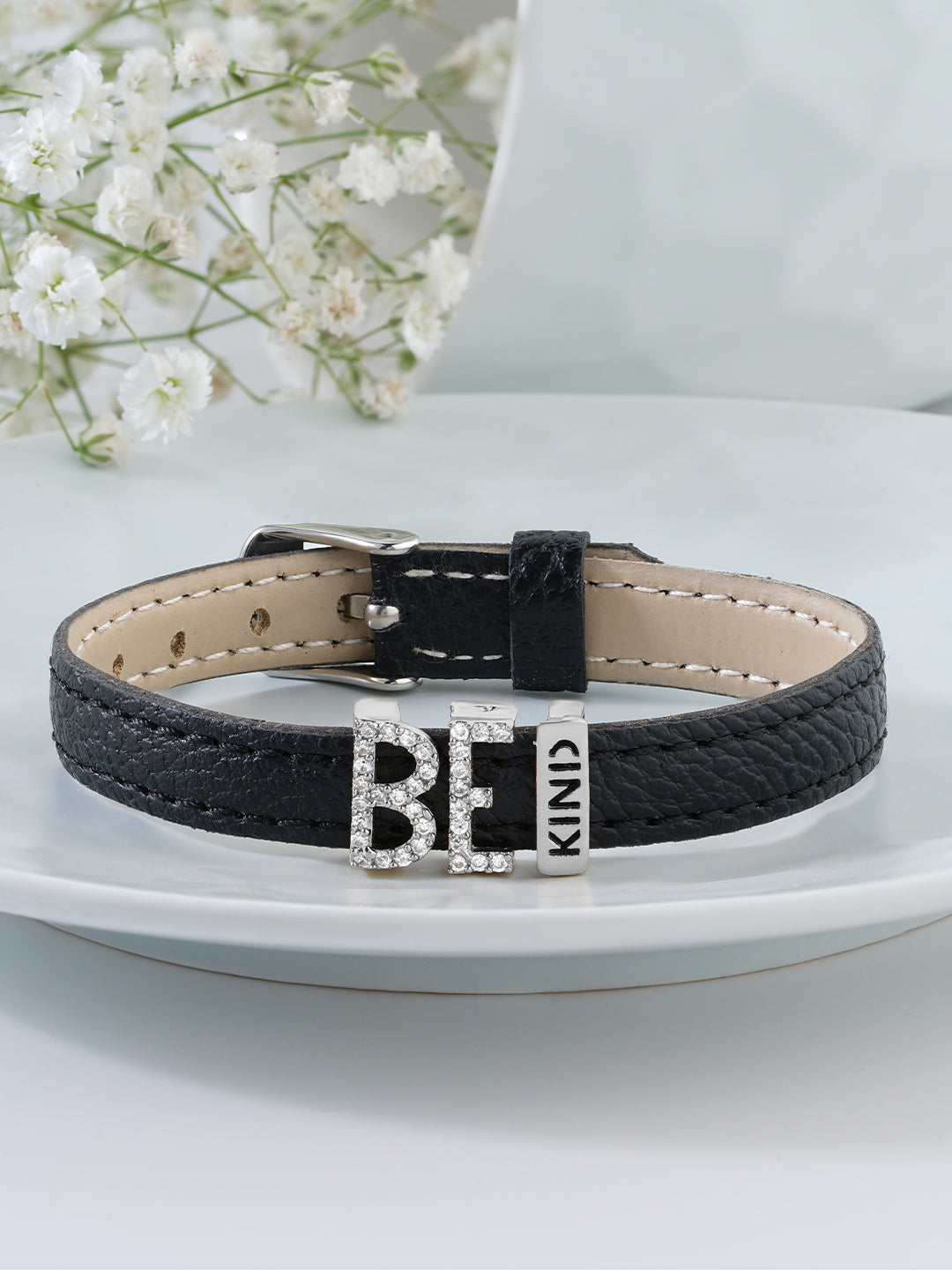 Womens White Gold Plated Crystal Encrusted Be Kind Vegan Leather Bracelet