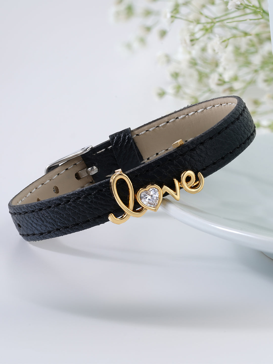Womens White Gold Plated Crystal Encrusted Love Vegan Leather Bracelet