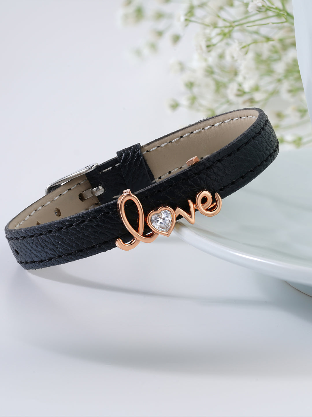 Womens White Gold Plated Crystal Encrusted Love Vegan Leather Bracelet
